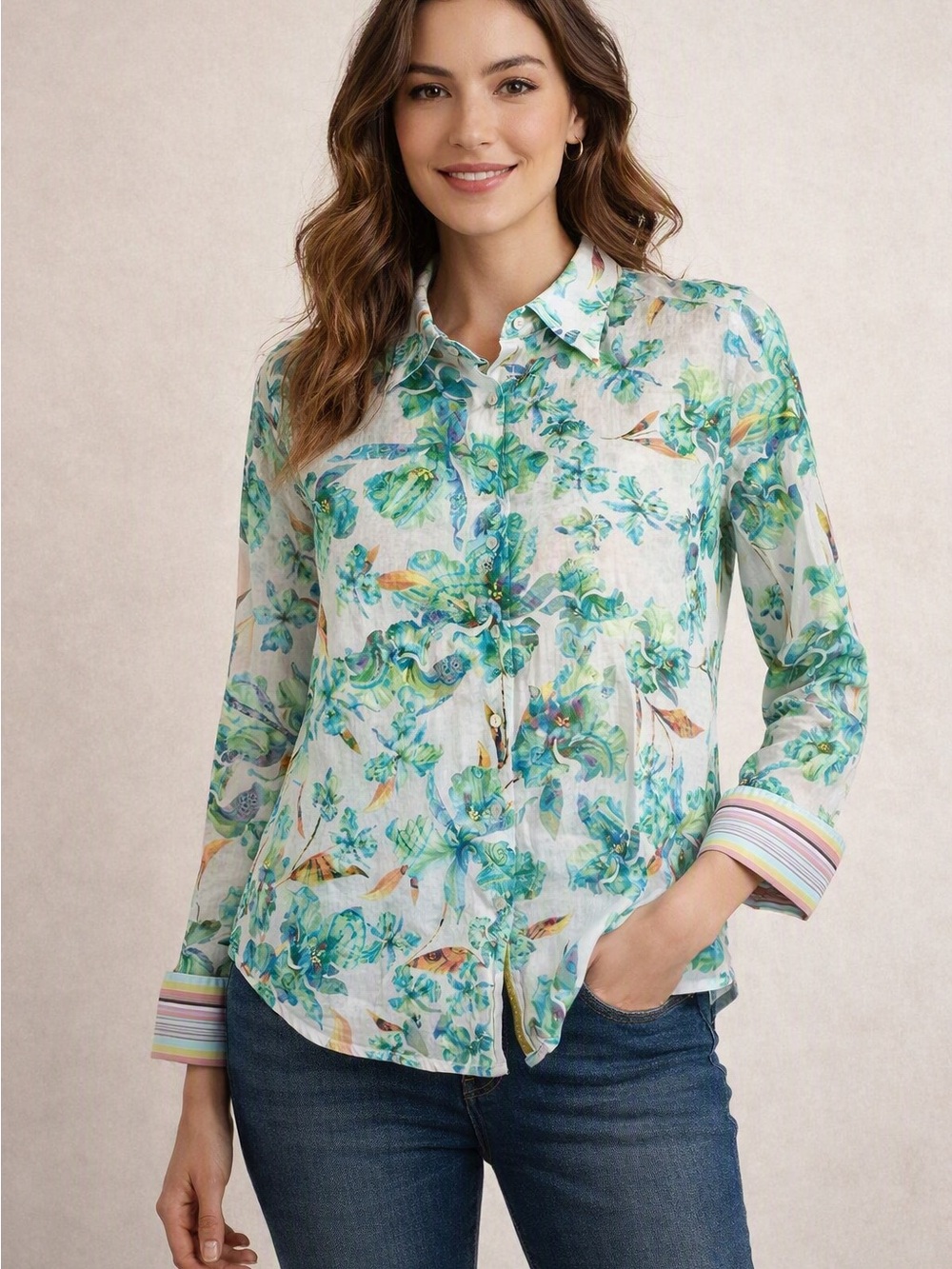Robert Graham Floral Print Flip Cuff Button Up Shirt Sz M Ivory Green Tropical